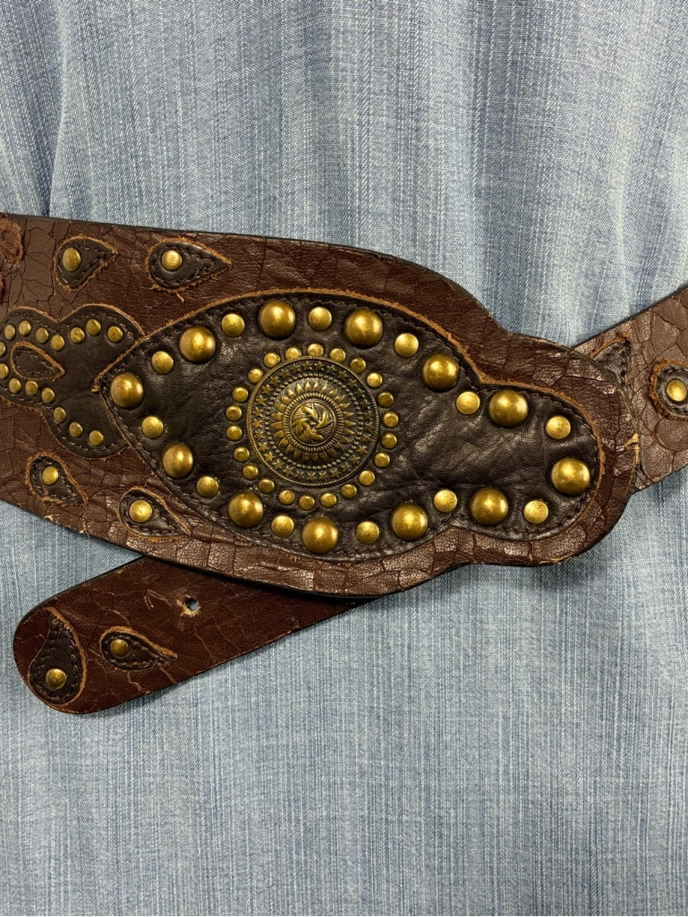 Chicos Womens belt Sz S Brown Genuine Leather Studded patchwork Brass Accents